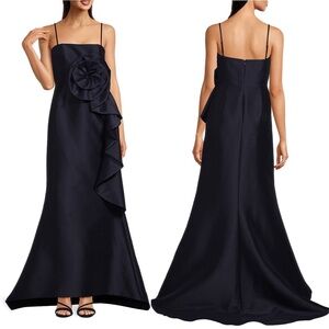 NWT Muse by Marchesa Stretch Mikado 3D Rosette Running Side Ruffle Maxi Dress